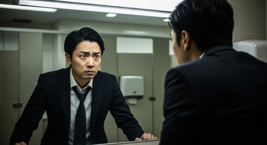 洗面所の鏡の前で不安な表情を見せ、自信のなさを隠している日本人男性社員。マウントを取る人の心理を示している。