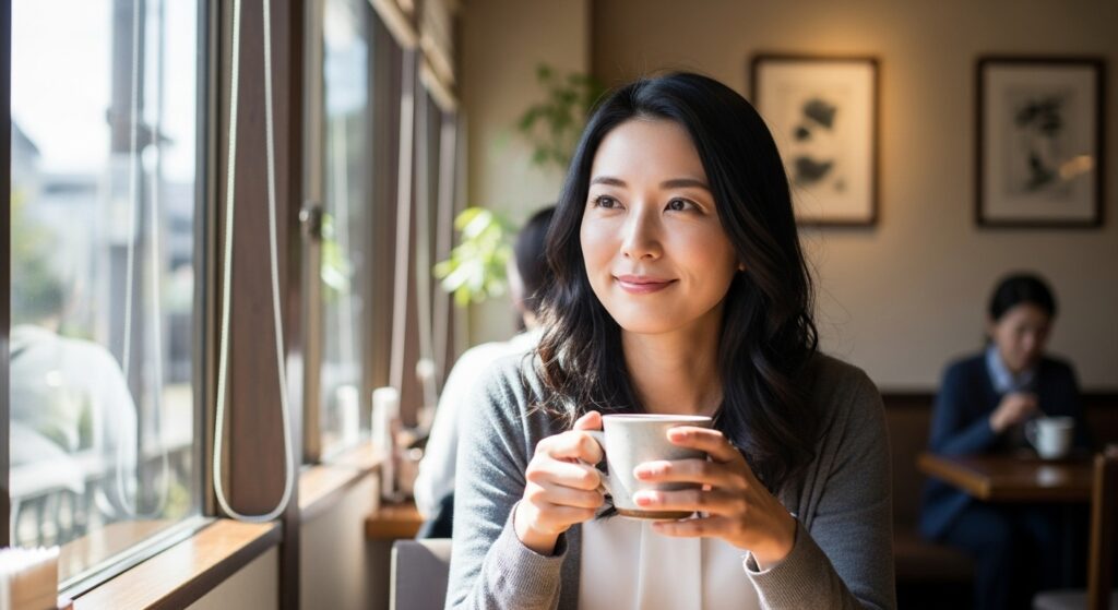 マウントを取る人から物理的な距離を置く対処法を実践し、カフェでリラックスして精神的な余裕を保つ日本人女性。