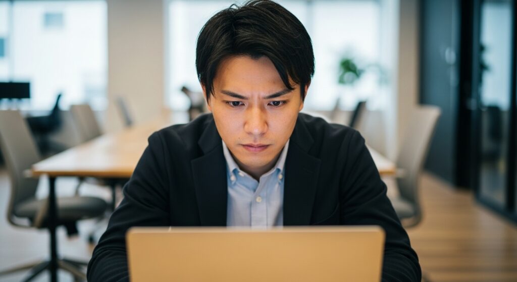 周りが見えず、目の前のノートパソコンの作業に集中しすぎている日本人男性