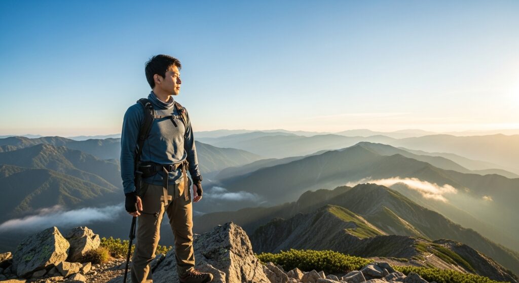登山の頂上で日本人男性が朝日を浴び、新しい経験によって過去の自己認識を上書きしている様子。