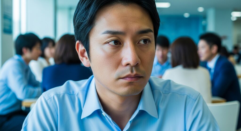 オフィスのカフェスペースで同僚たちの噂話や雑談に対して無表情で反応を示さない日本人男性