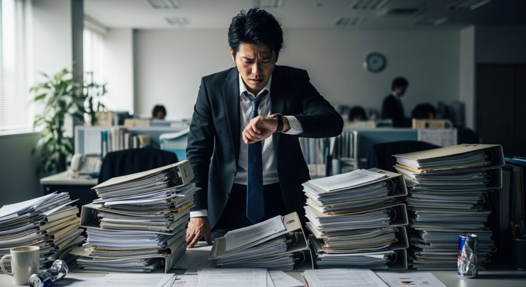 「時間がなかった」とデスクに積まれた大量の書類の前で腕時計を見て焦るビジネスパーソン。