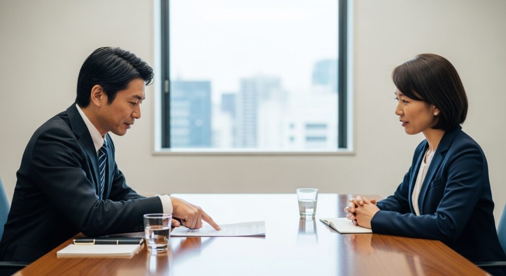 静かな会議室で、1対1で書類の具体的な箇所を指差しながらフィードバックを伝える上司。