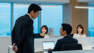 職場で日本人若手社員が対抗意識を燃やして同僚に視線を送っている。一方的に張り合ってくる人の心理を現わしている様子。