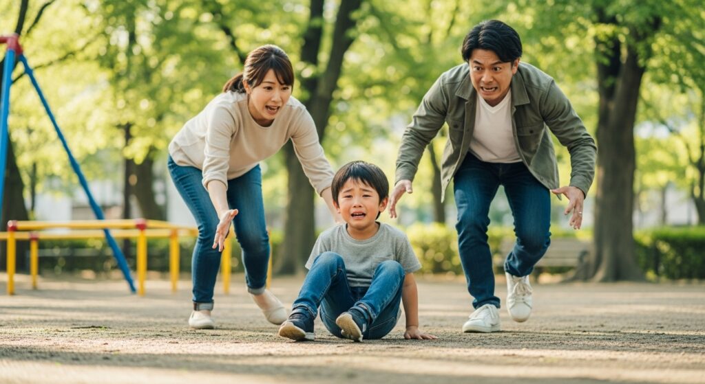 公園で子どもが転び、挫折経験を積ませない過保護な日本人夫婦が慌てて駆け寄る様子。