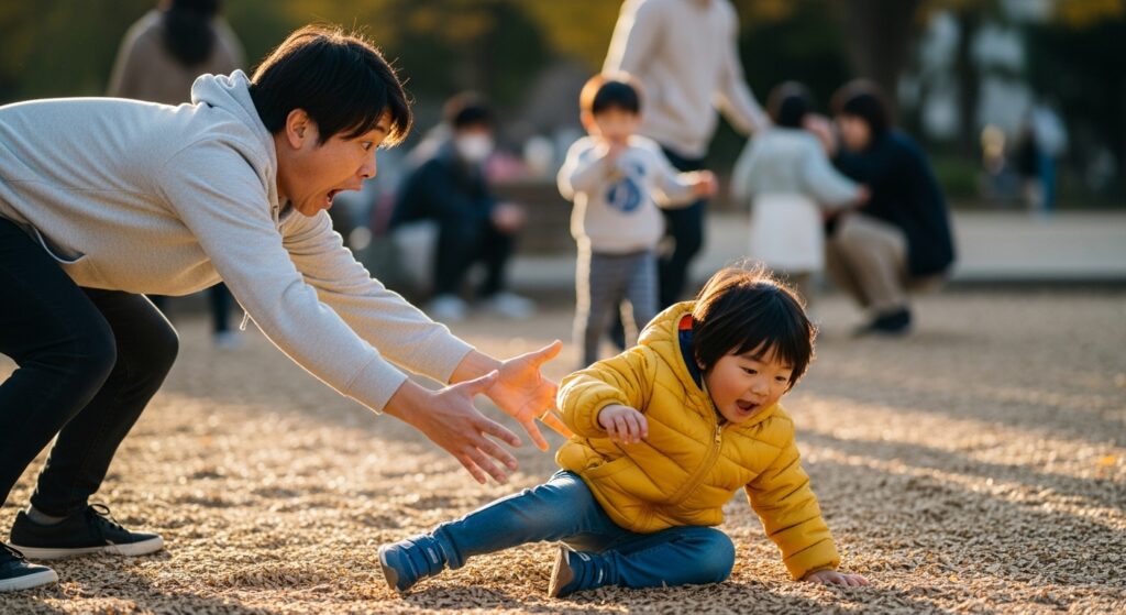 公園の砂場で転んだ子供に対し、慌てて駆け寄り手を差し伸べる過保護な父親