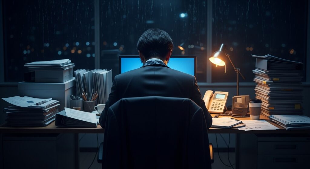 夜のオフィスで、山積みのタスクを一人で抱え込んで残業する日本人男性