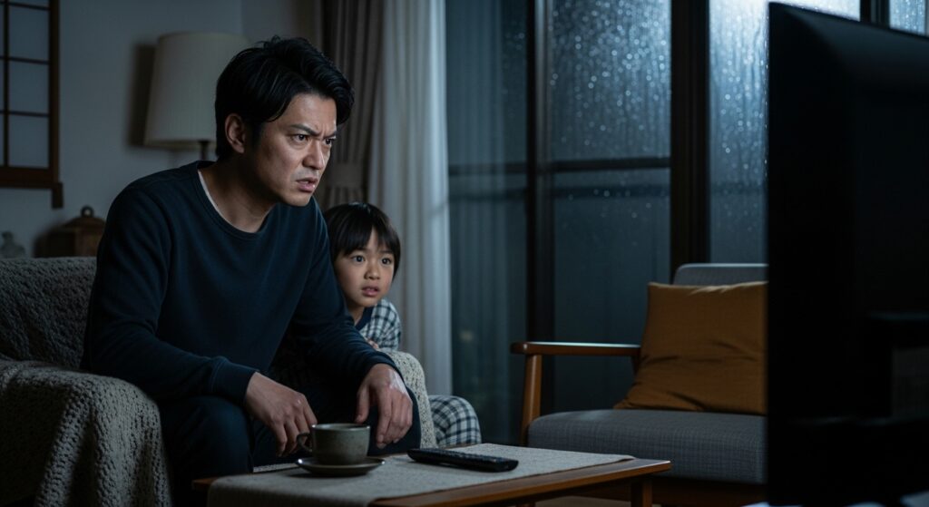 暗い部屋でテレビのニュースを見ながら、不満そうな表情を浮かべる父親
