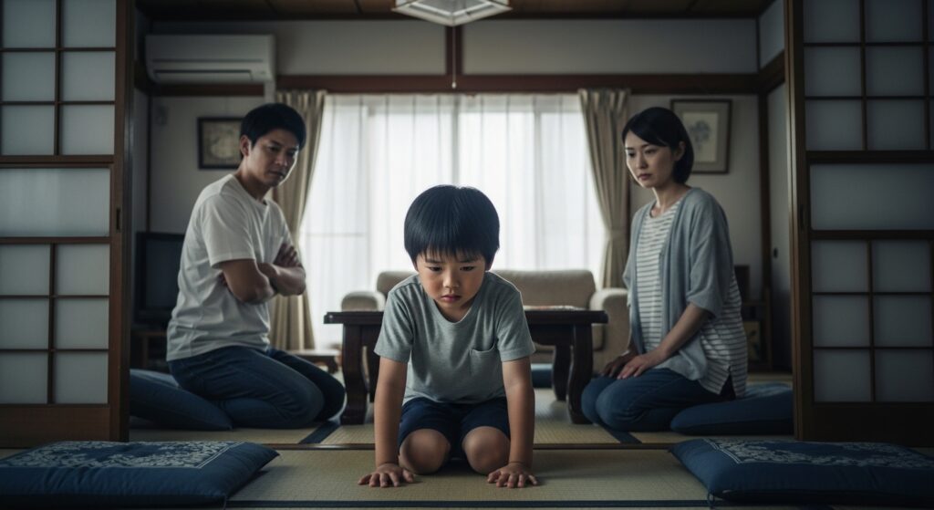 両親から怒られて、うつむく子供の様子。