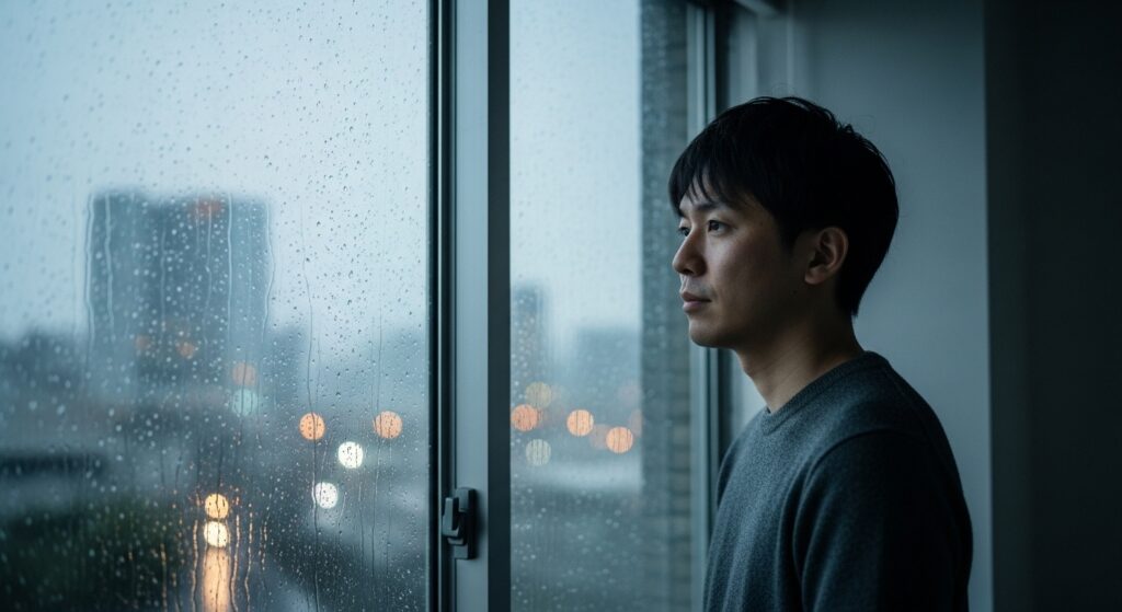 雨の日に窓の外を眺め、過去の辛い経験や失敗の影響について内省する日本人男性。