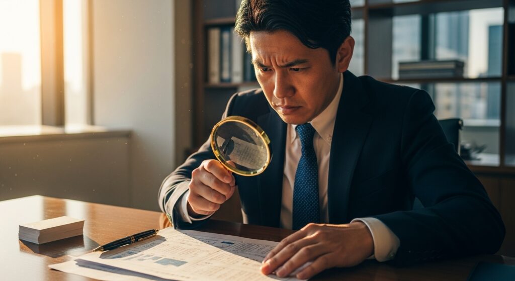 虫眼鏡で書類の細部を真剣に確認する、完璧主義の日本人ビジネスマン