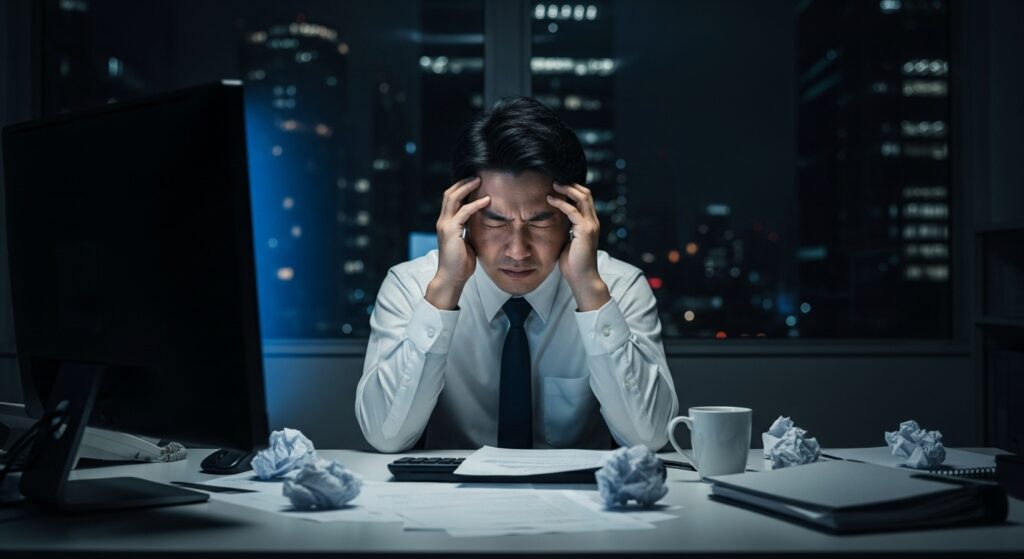 深夜のオフィスで完璧主義的な思考により仕事が進まず、頭を抱える日本人男性。