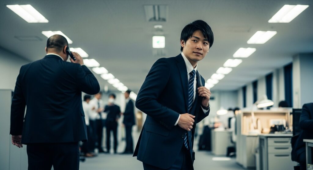 高圧的な人との接点を減らすため、物理的な距離を取りオフィスを立ち去る日本人社員。