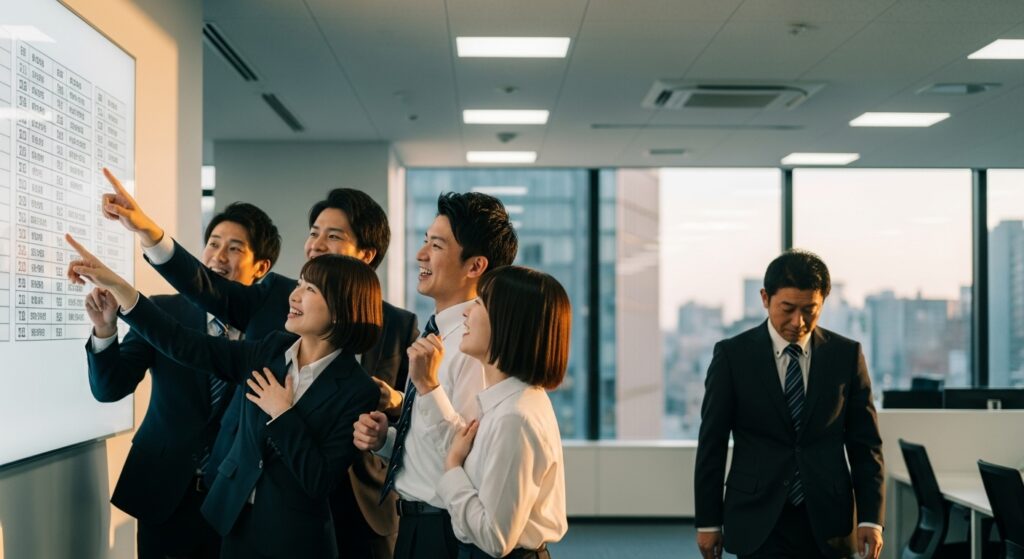 評価ボードを見て喜ぶ若手社員グループの横で、一人うつむきながら歩く管理職。評価が下がり昇進しにくくなった上司の姿を表している。