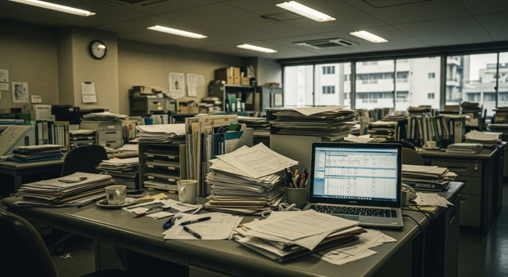 書類が山積みで整理されておらず、職場環境への不満が伺えるオフィス。