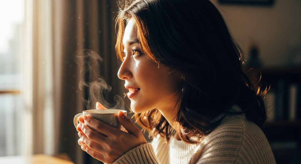 暖かい光の中でマグカップを持ち、ネガティブな感情をポジティブに変換して穏やかな表情を浮かべる日本人女性。