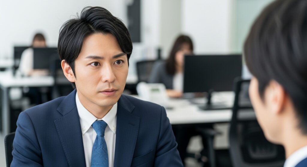 相手の話を聞きながら、既に結論を予測して次の展開を考えている回転の速さを感じさせる日本人男性の表情