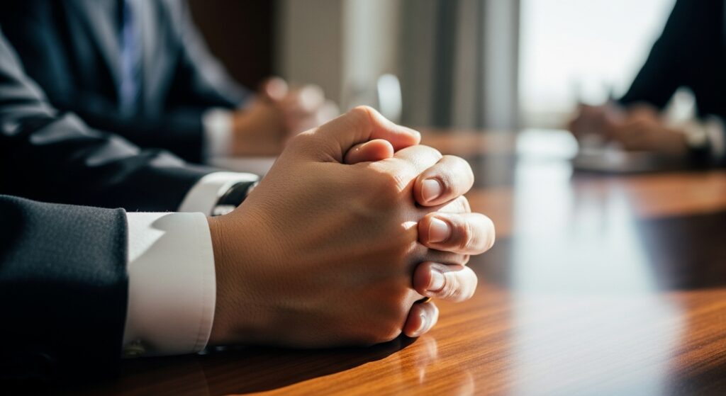 会議中、ミスへのプレッシャーから固く手を握りしめているビジネスパーソン