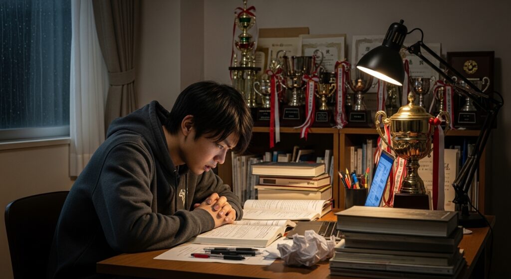 過度な期待を象徴するトロフィーに囲まれ、プレッシャーの中で勉強する若い日本人。
