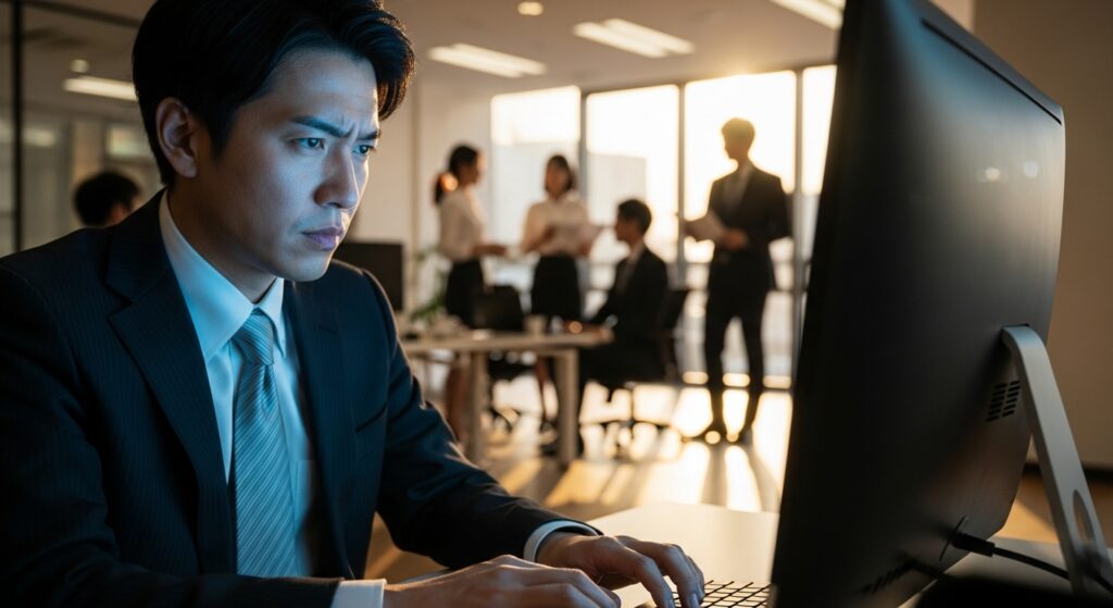 周囲の雑談を気にせず、真剣な表情でディスプレイに向かい業務効率を優先して作業する男性社員