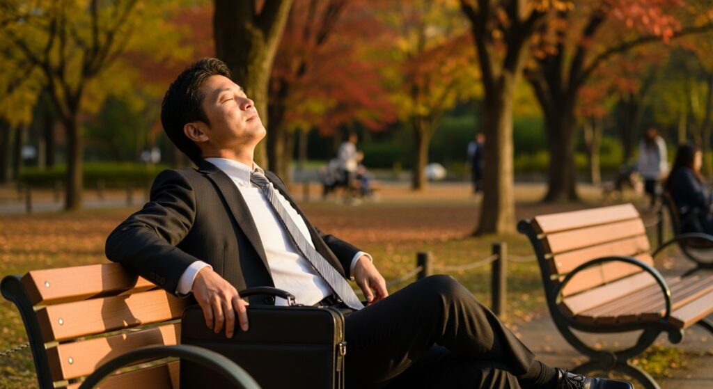 仕事のストレスから解放され、秋の公園のベンチでリラックスし自分の心身を第一に考える日本人男性。