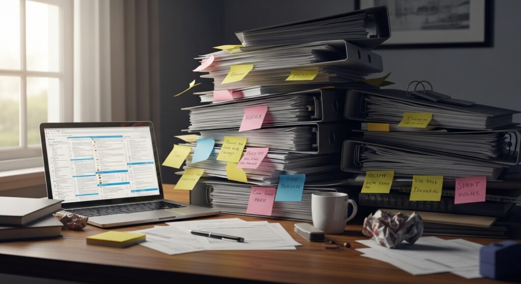 優先順位がつけられず、大量の書類と付箋で混沌としたオフィスのデスク