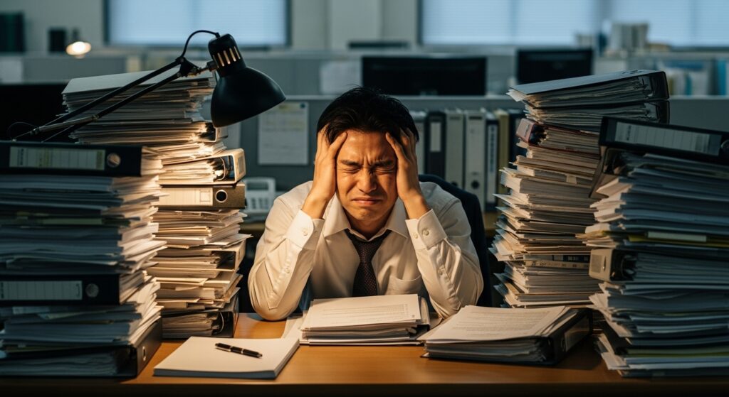 デスクに山積みになった未解決の書類に囲まれ、頭を抱えて苦悩している男性