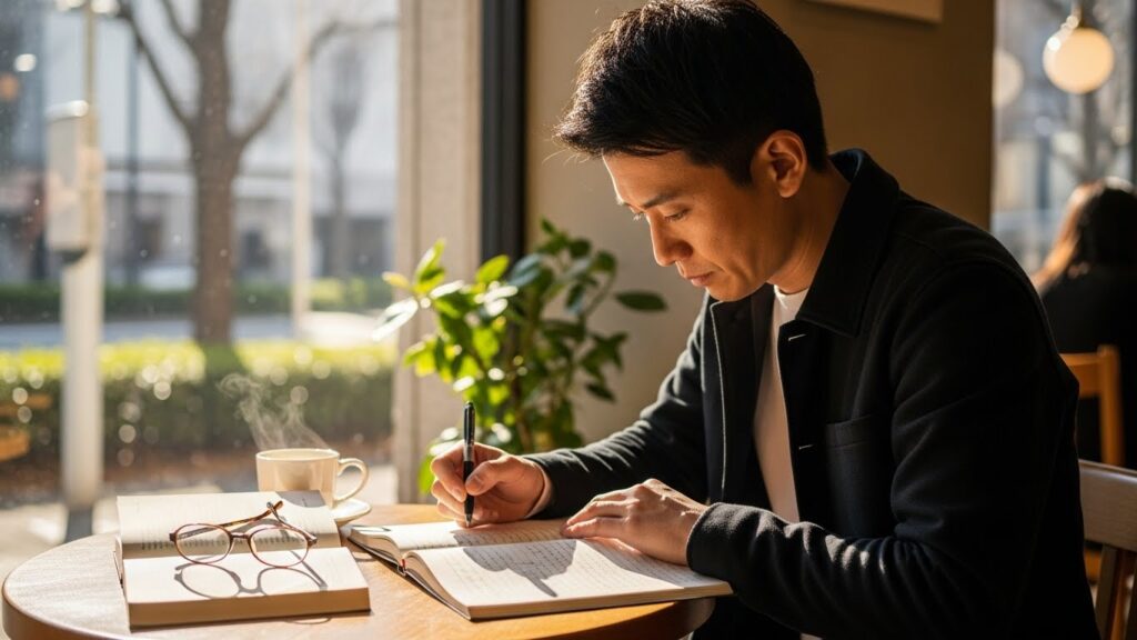 静かなカフェで手帳を開き、一日のスケジュールやタスクを整理している男性。忙しい社会人におすすめの生産的な朝活の時間を表現している。