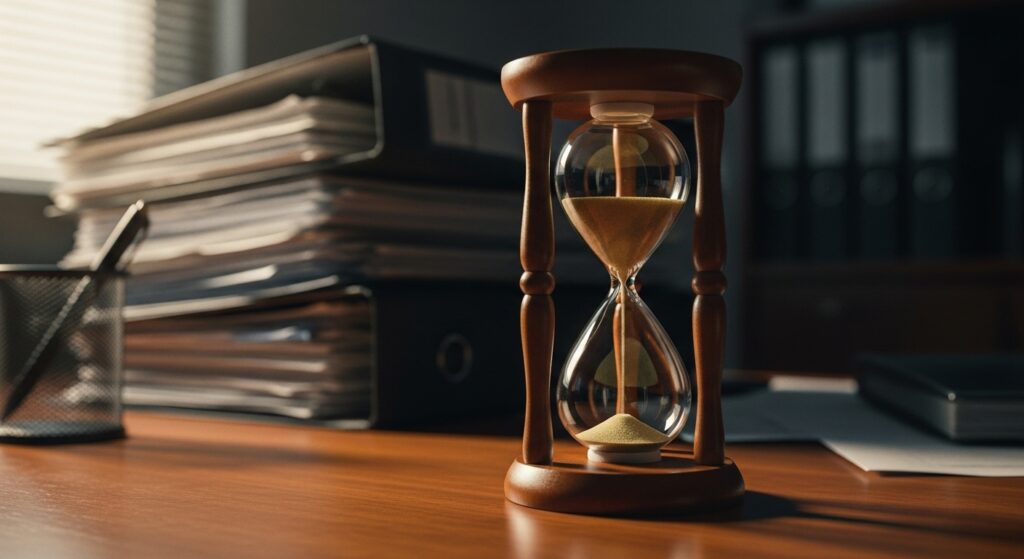 業務の遅延や停滞を象徴する、オフィスのデスクに置かれた砂時計。