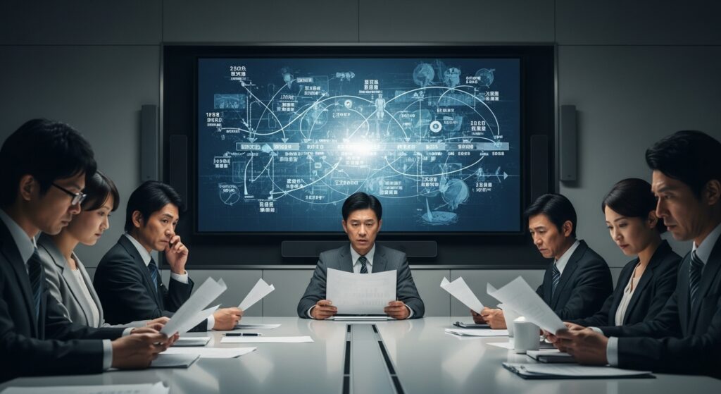 会議室で資料を見つめるメンバーと複雑な図が映った大型モニターを写し、意思決定の遅れでプロジェクトが停滞する様子。