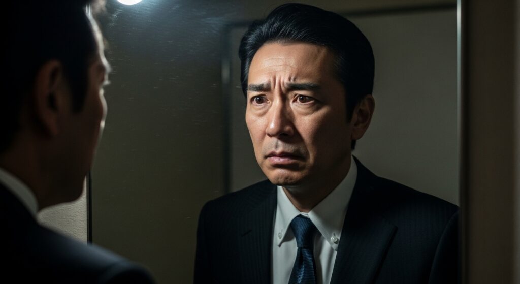 鏡に映る自分の顔を不安げに見つめる男性の表情から、張り合う行動の裏にある自信のなさや劣等感といった深層心理を表現したイメージ。