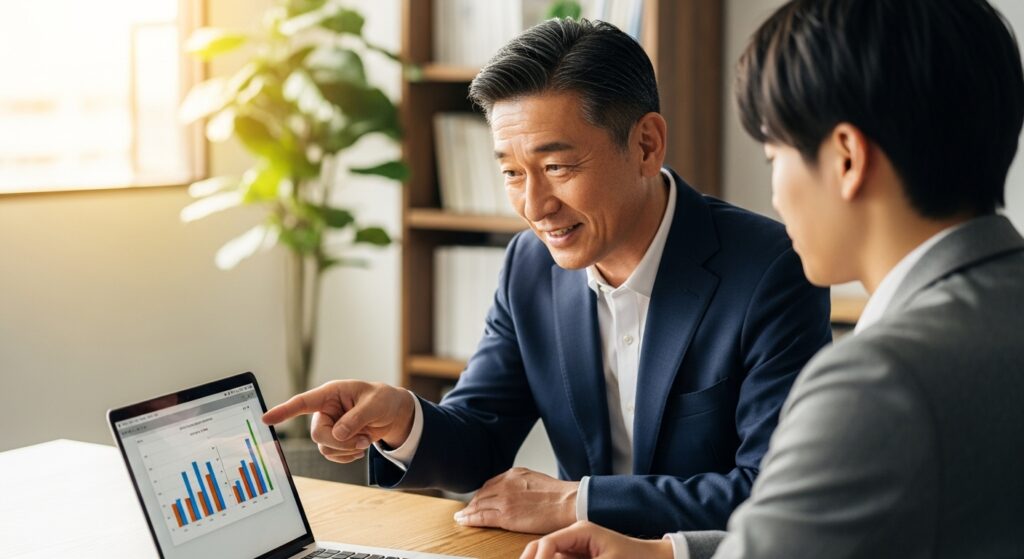 ノートパソコンの画面を見ながら、上司にこまめに相談と共有を行う日本人ビジネスマン