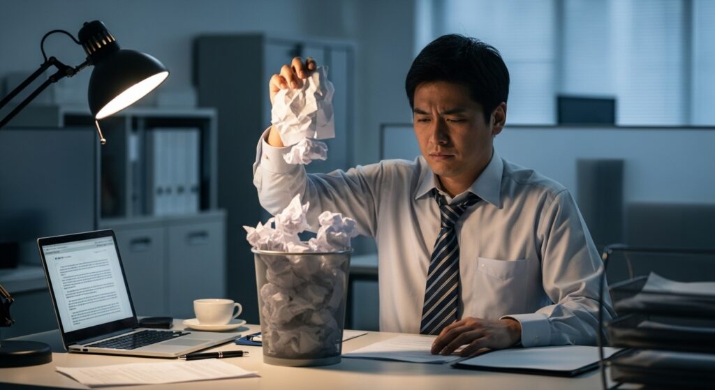 ミスをした書類で溢れかえったゴミ箱の前で、新たな失敗作を捨てようとしている困り顔の男性