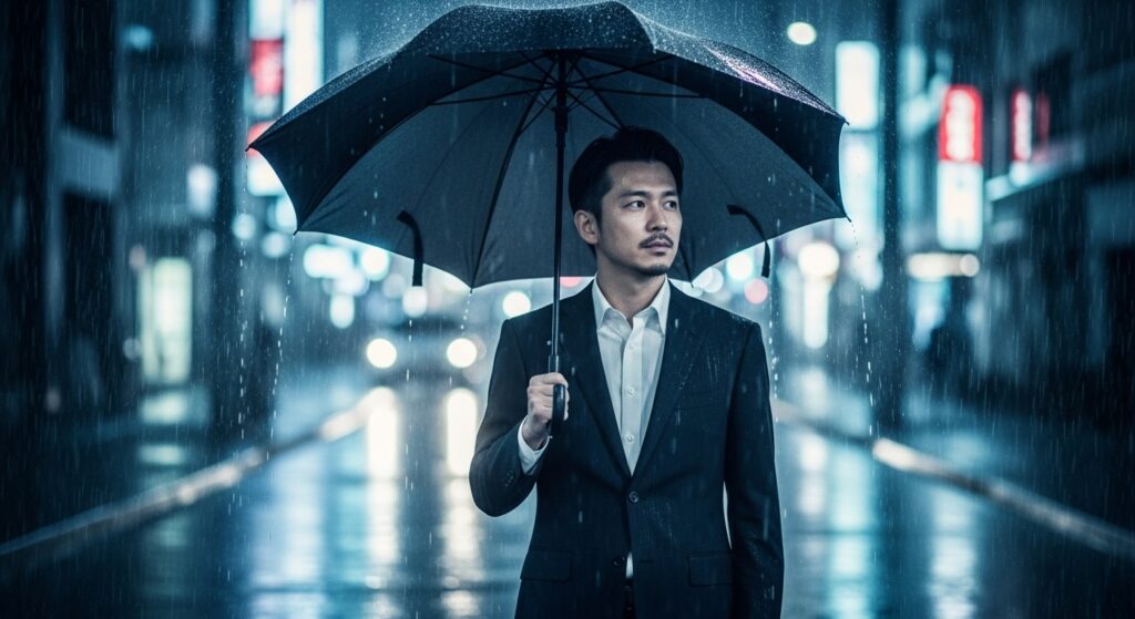 高圧的な言動に対し、傘をさして動じず、感情的にならず冷静に対応する日本人男性のイメージ。