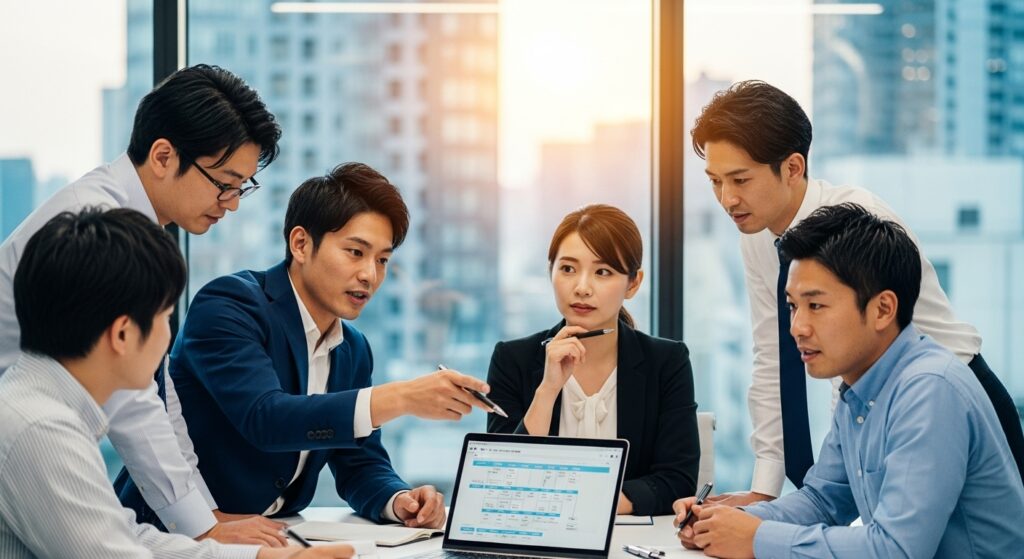 ノートパソコンを囲み、チームで体制や業務分担を見直すために議論する日本人ビジネスパーソンたち。