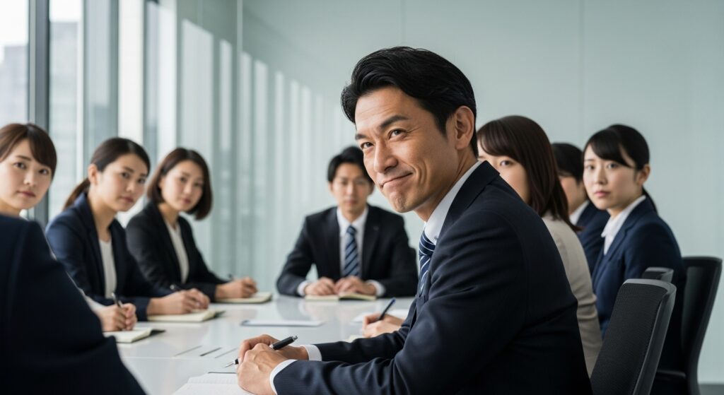 会議中に他人を見下すような、軽蔑的な薄ら笑いを浮かべている日本人ビジネスマン。