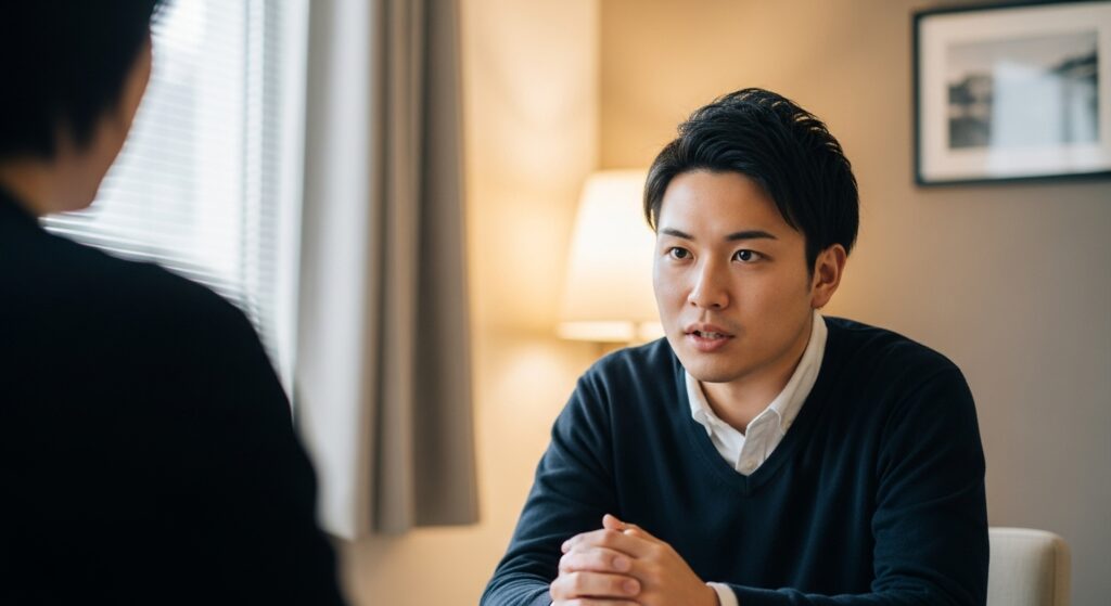 落ち着いた部屋でカウンセラーと向き合い、信頼できる専門家へ真剣に相談する日本人男性。
