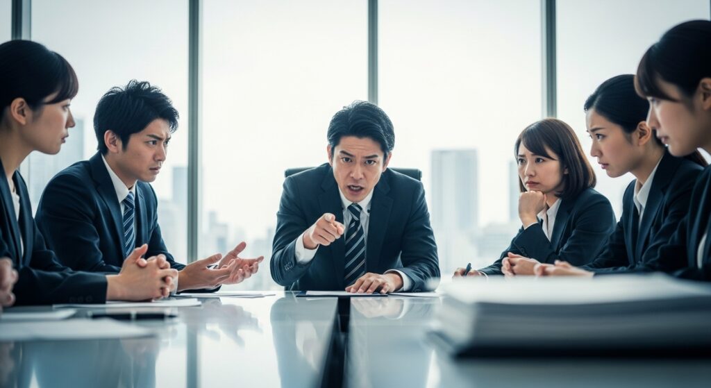 会議で他人の意見を聞かず、自己中心的に自分の主張だけを押し通そうとする日本人男性。