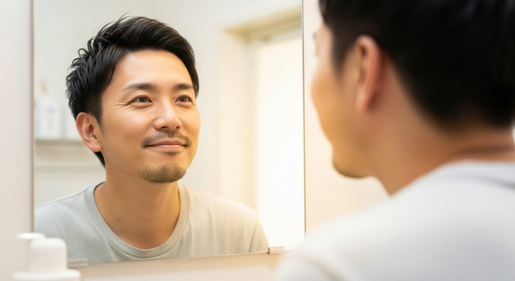 洗面所の鏡に映る自分自身を見つめ、自分を褒める習慣を実践し穏やかに微笑む日本人男性。
