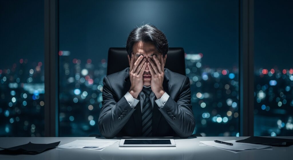 失敗のストレスから顔を覆い、無意識に自己防衛本能が働いているビジネスマン。