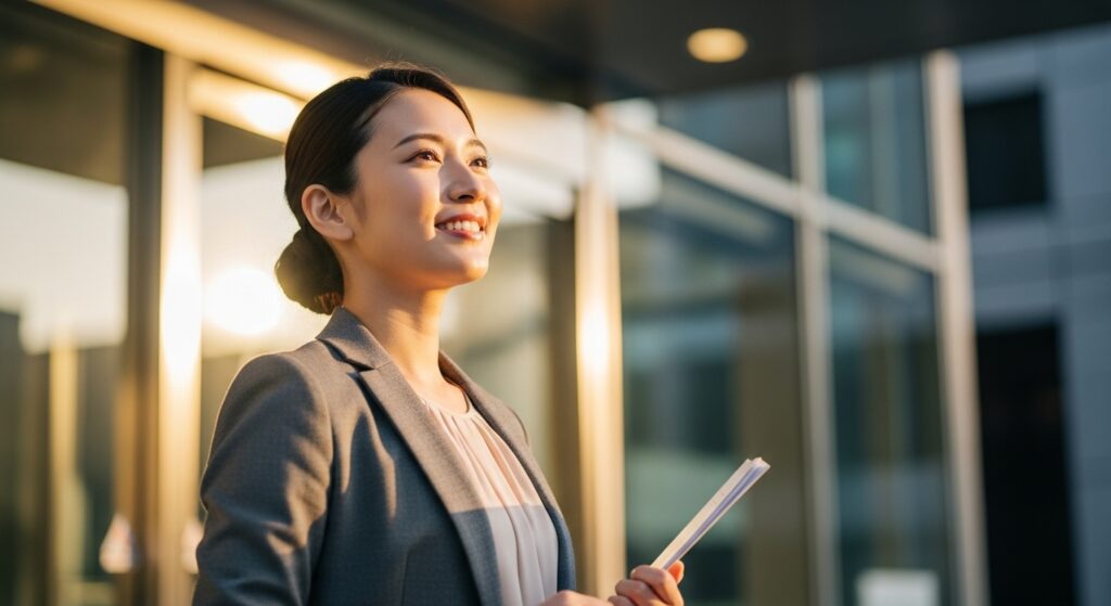 オフィスの外で書類を持ち、小さな成功体験を積み重ねて満足そうな笑顔を浮かべる日本人女性。