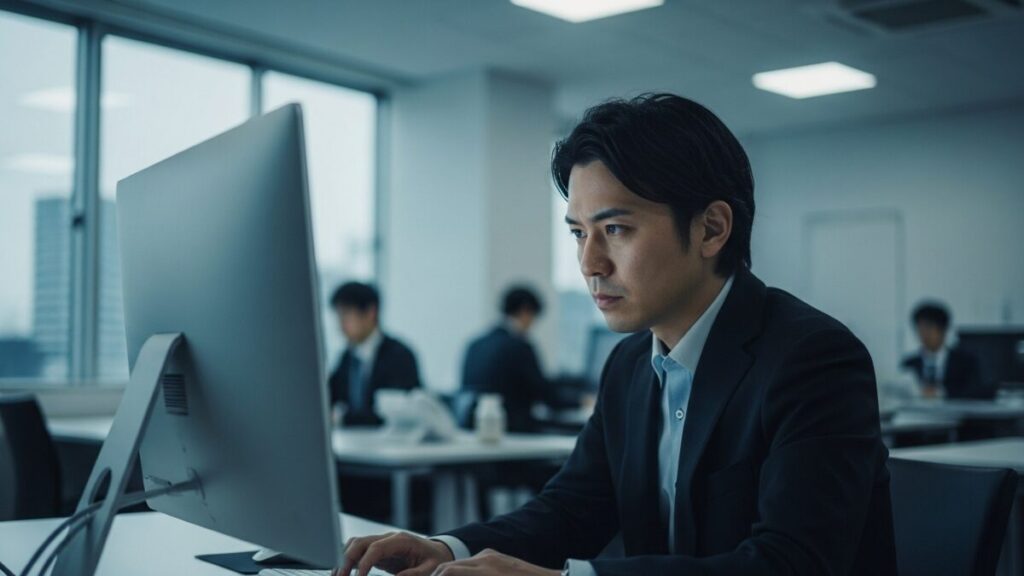 オフィスのデスクでPC画面に集中し、作業に没頭する日本人男性。頭いい人は他人に興味ないように見える様子。