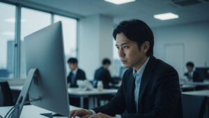 オフィスのデスクでPC画面に集中し、作業に没頭する日本人男性。頭いい人は他人に興味ないように見える様子。