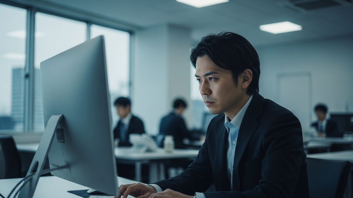 オフィスのデスクでPC画面に集中し、作業に没頭する日本人男性。頭いい人は他人に興味ないように見える様子。