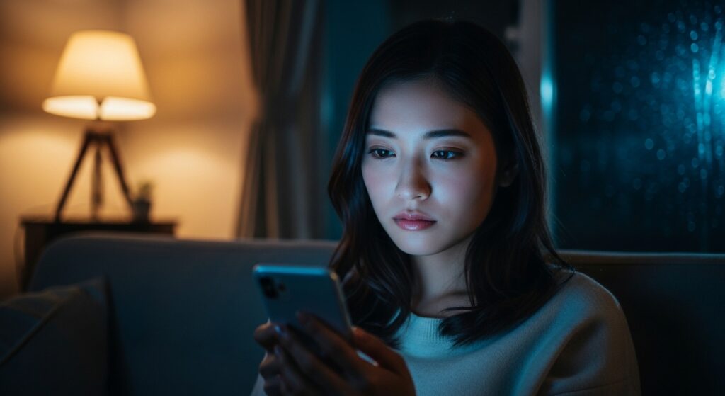 夜の暗い部屋でスマートフォンを見つめ、SNSで他人と過度に比較して落ち込む日本人女性。