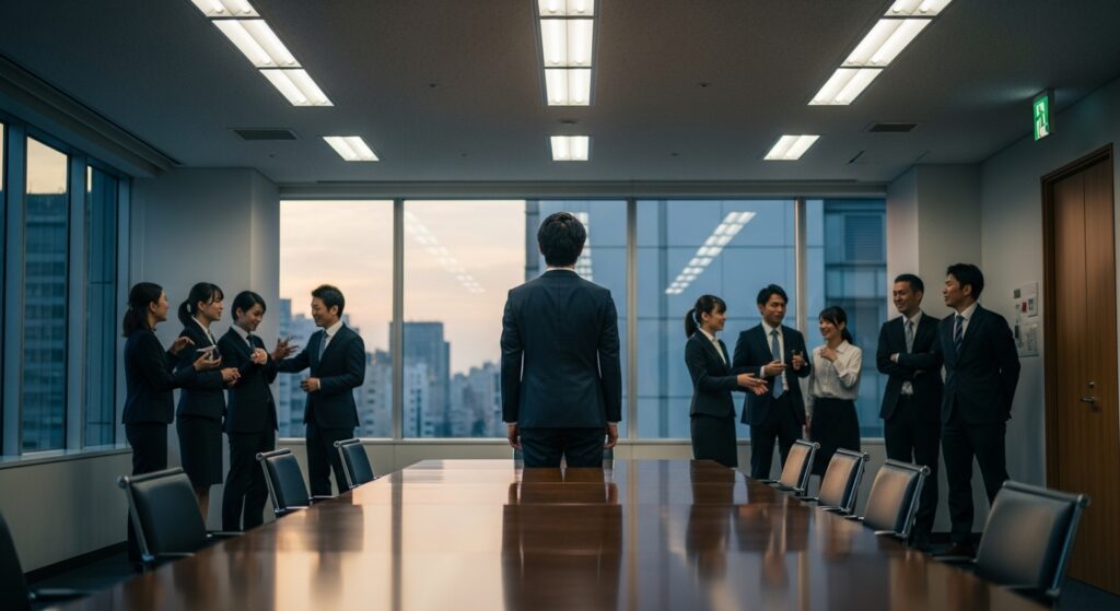 周囲の同僚が談笑する中、高圧的な人の末路として会議室で一人孤立する日本人男性。