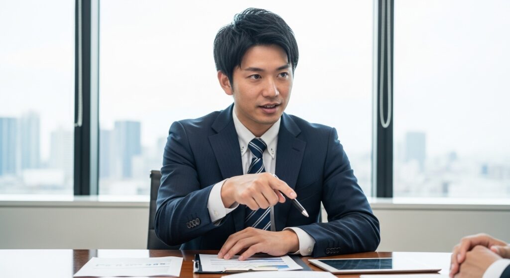 ミーティングで共感よりも具体的な解決策を提示しようと、身を乗り出して論理的に説明する日本人ビジネスマン