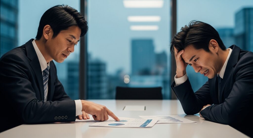感情的になる同僚に対し、事実に基づいてグラフを指さしながら冷静に説明する日本人ビジネスマン。