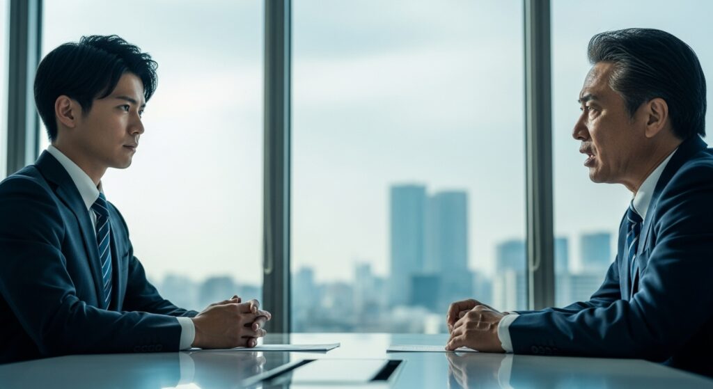 理不尽な要求をする上司に対し、会議室で毅然とした態度で向き合っている日本人部下。