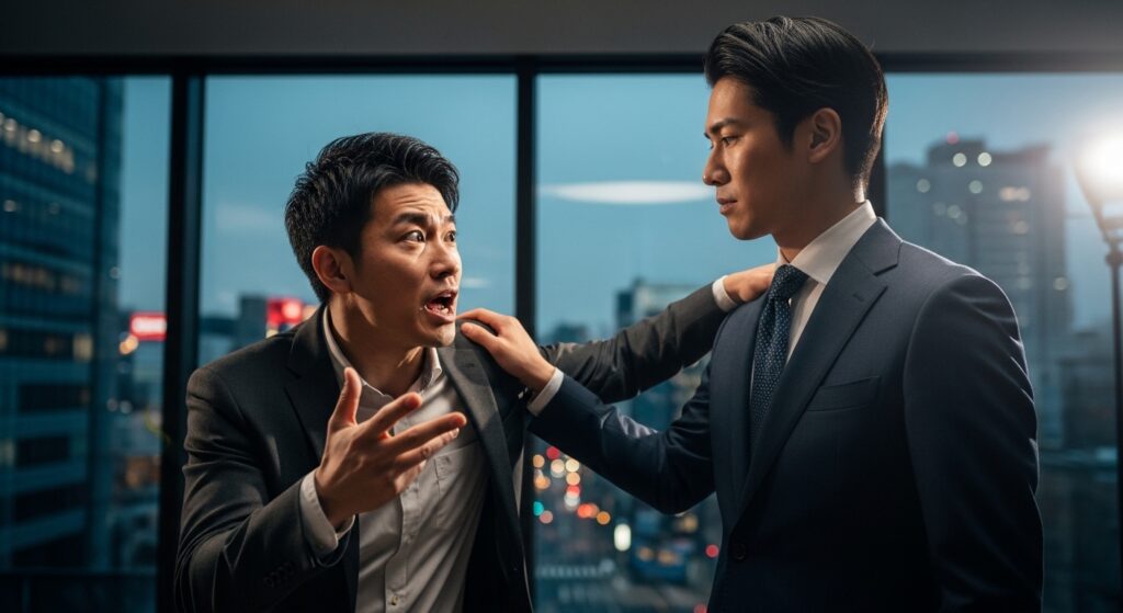 感情的になって激しく主張してくる相手に対し、冷静な表情で対応している男性